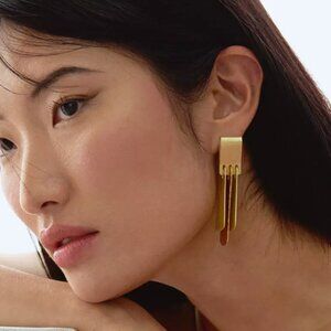 Anthropologie Hammered Metal Fan Modernist Long Matte Gold Tone Pendant Earrings